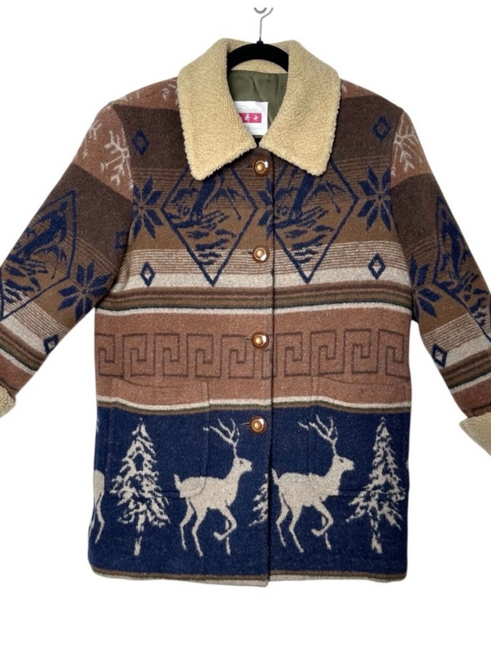 Vintage Boho Cabincore Rustic Sherpa Lined Fair Isle Woodland Aztec Deer Coat